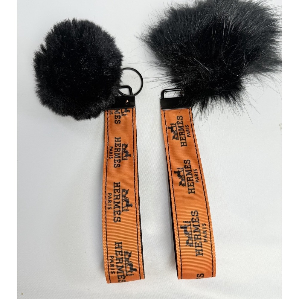2 Luxury Wrist KeychainsWith Pompom Charm, 1" Wide 12" All Around Black - Orange